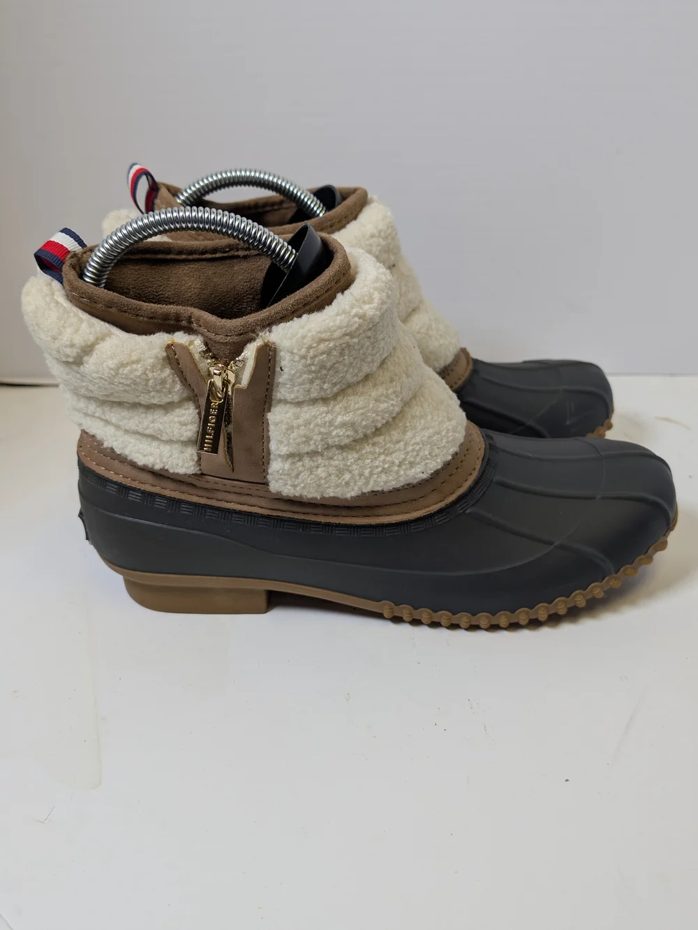 Tommy Hilfiger Black Rubber & Cream Sherpa Winter Boots with Brown Trim